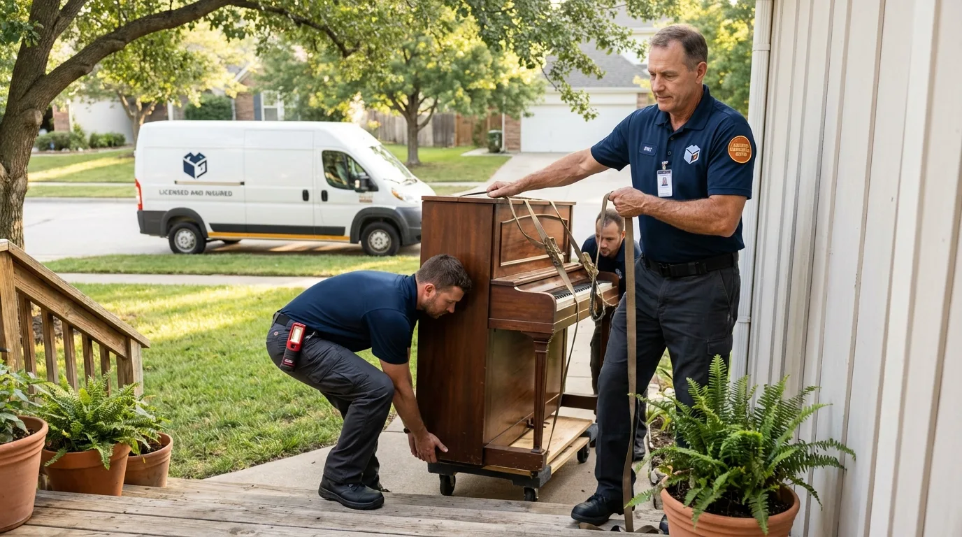 Licensed piano movers securing grand piano in Coats, NC