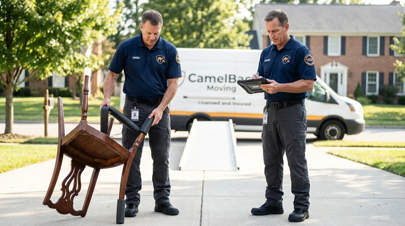 Movers inspecting furniture for damage prevention before loading in Coats, NC