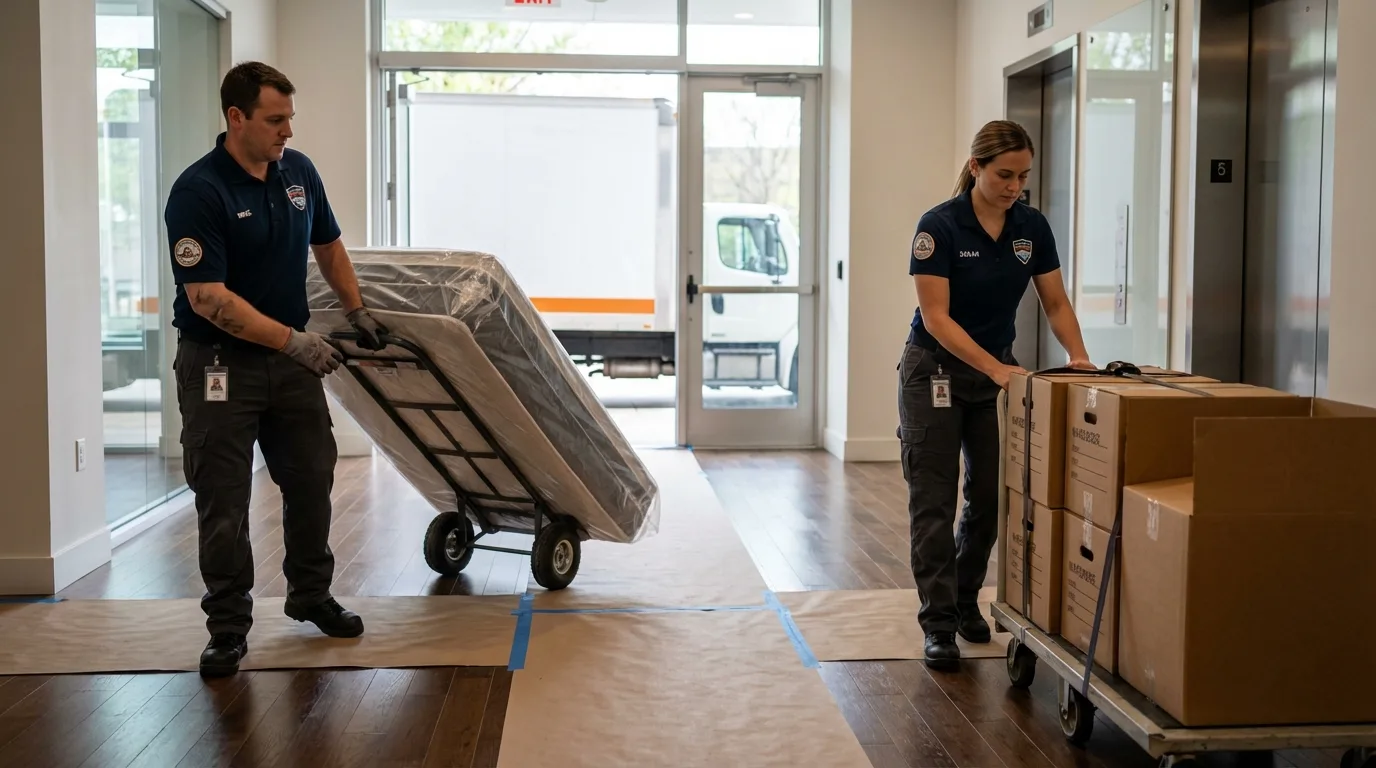 Professional apartment movers loading elevator in Coats, NC