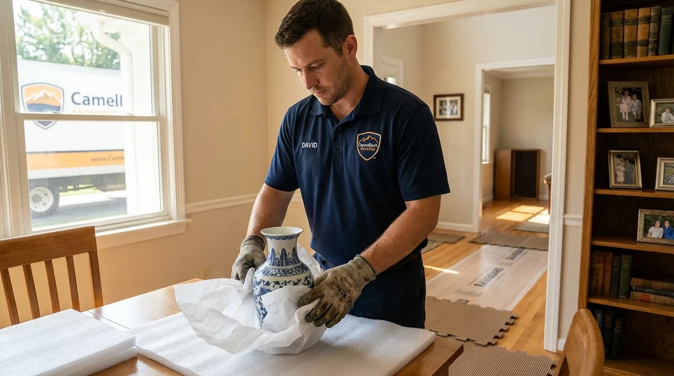 Professional crew carefully wrapping antique vase for senior downsizing move in Coats, NC